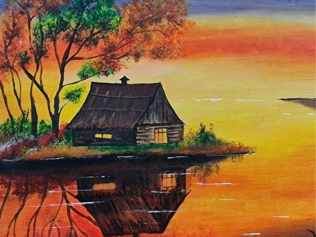 Kunstwerk auf Leinwand zeigt ein Haus am See