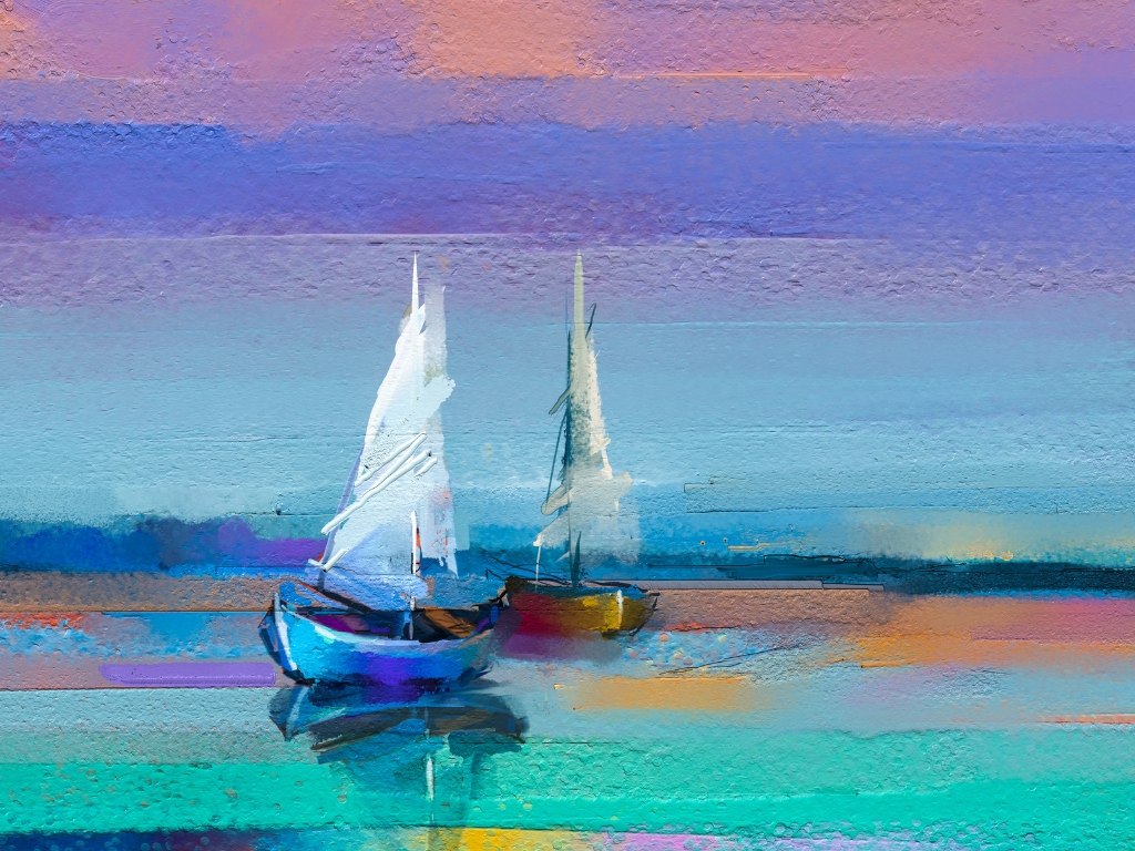 Zeitgenössisches Gemälde mit 2 Booten