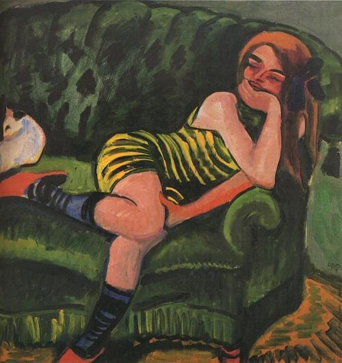 Girl on a Green Sofa with a Cat von Max Pechstein